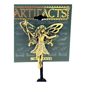 JJ Artifacts Fairy Brooch Pin Brass Glitter Costume Jewelry 1986 MCMXXXVI Vtg